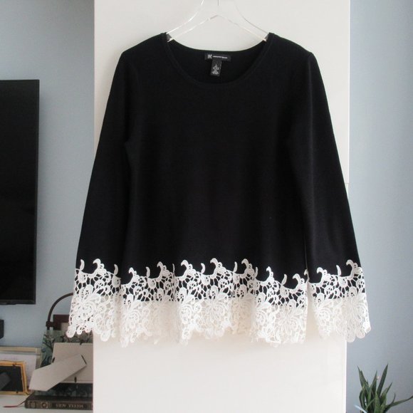 INC Women's Sz L Round Neck Guipure Lace Detail Sweater Long SLV, Stretch Black - Picture 11 of 11